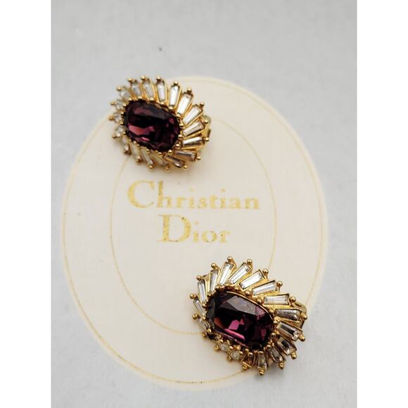 Christian Dior Authentic Amethyst Purple Gold Clip Earrings Missing Stones VTG - Picture 14 of 16